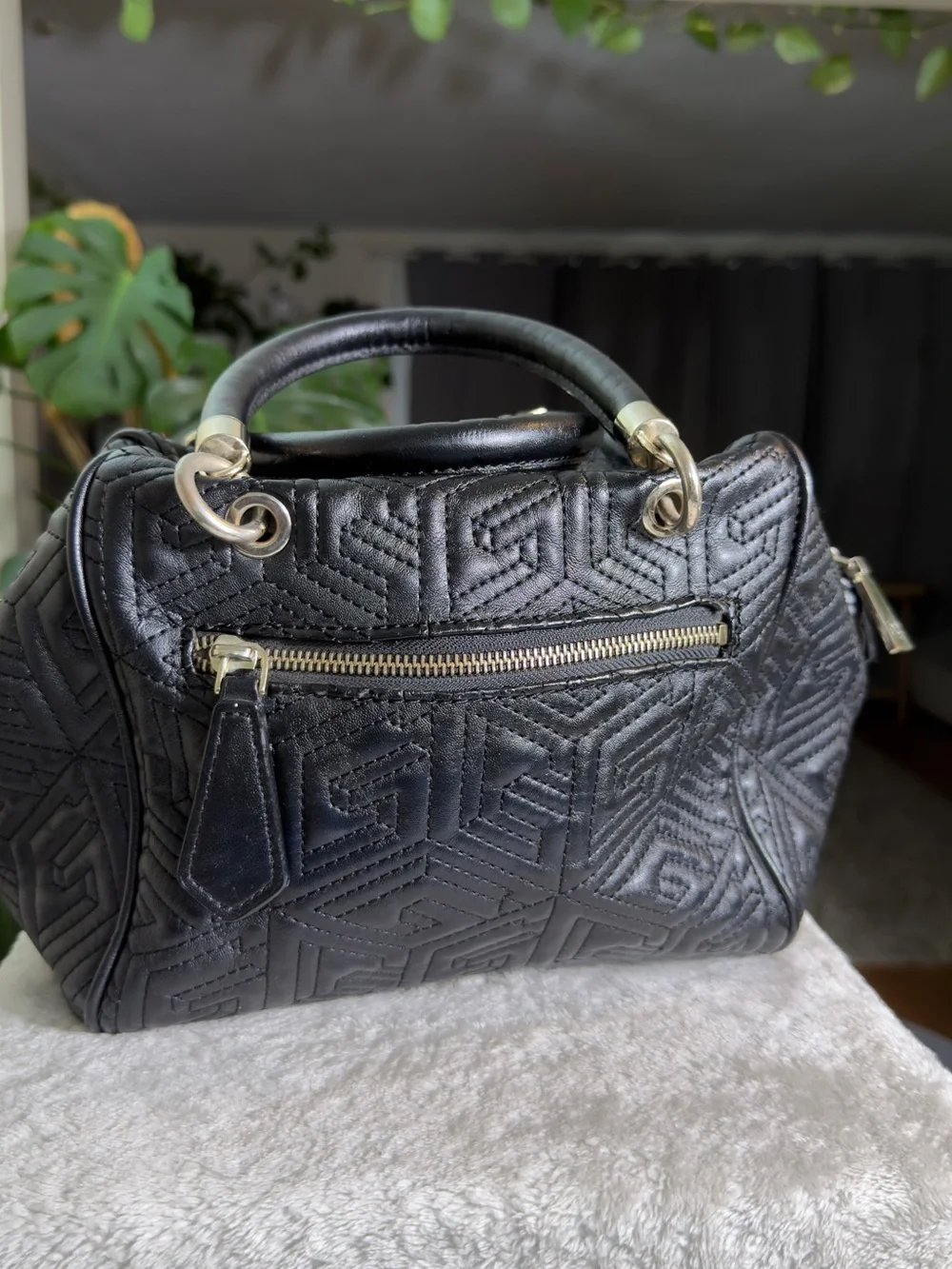 Guess Geometric Quilted Barrel Satchel Bag Black 3D Cube Top Handbag Purse